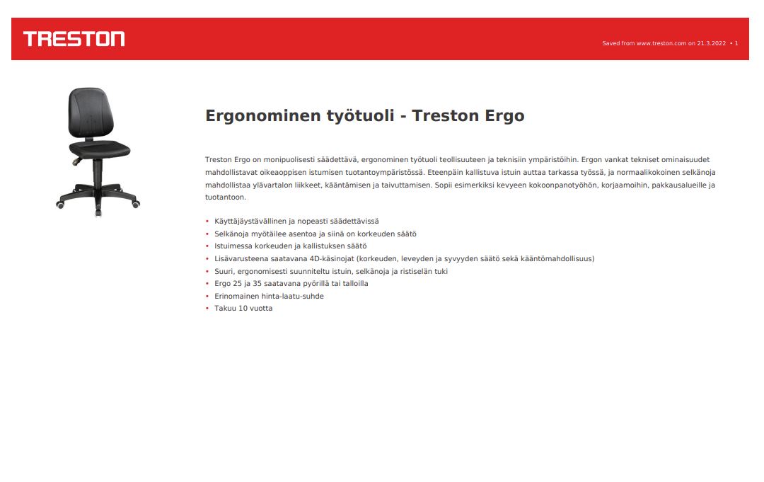 Ergonominen työtuoli - Treston Ergo tuotekortti