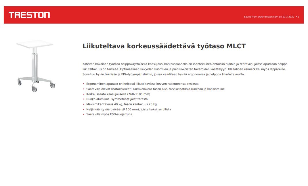 Liikuteltava korkeussäädettävä työtaso MLCT TUOTEKORTTI