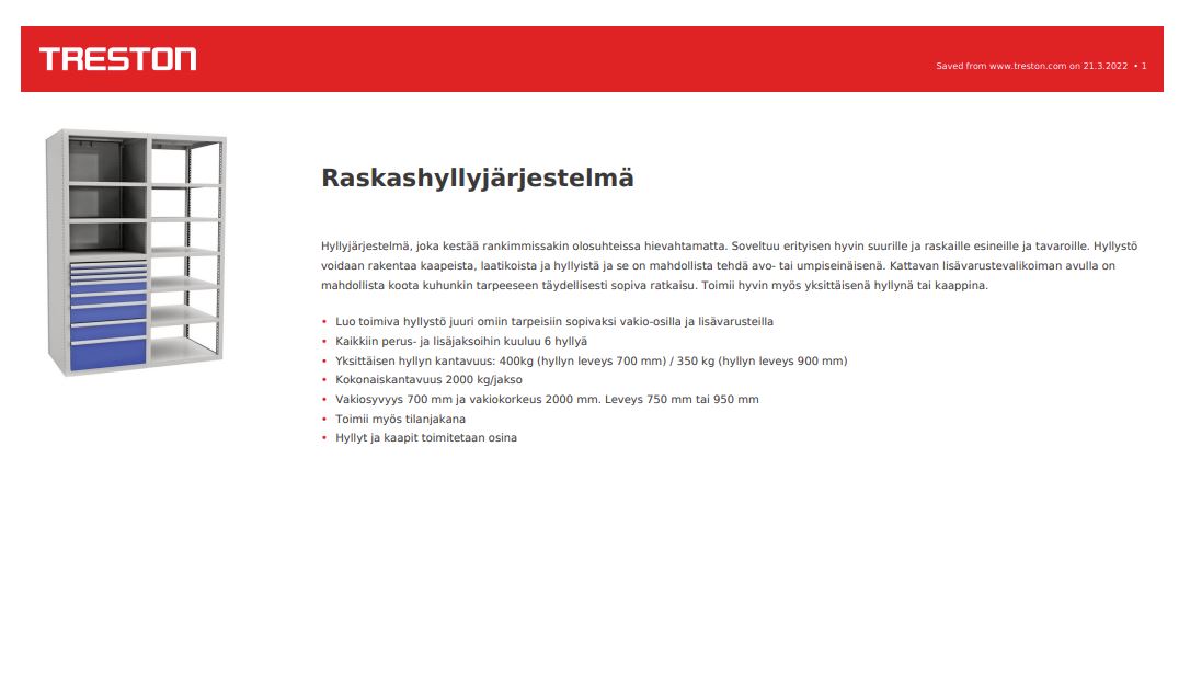 Raskashyllyjärjestelmä tuotekortti