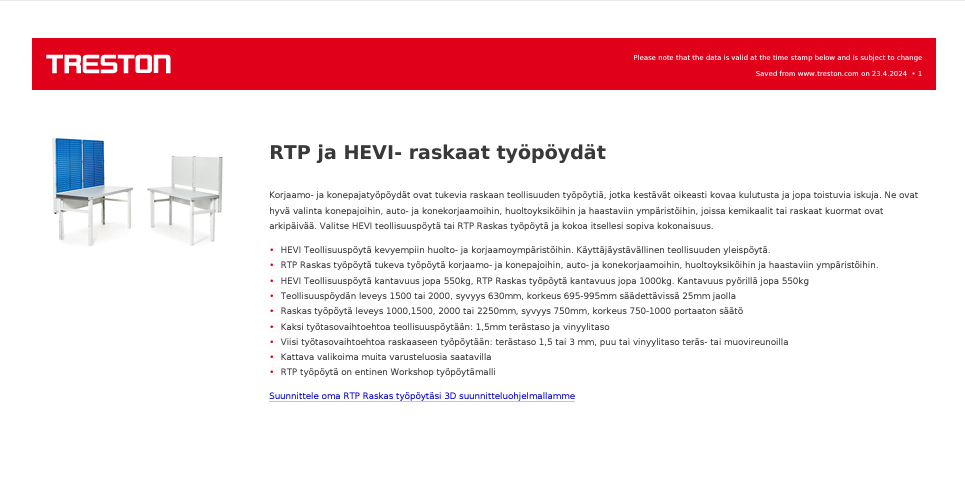 RTP ja HEVI- raskaat työpöydät tuotekortti