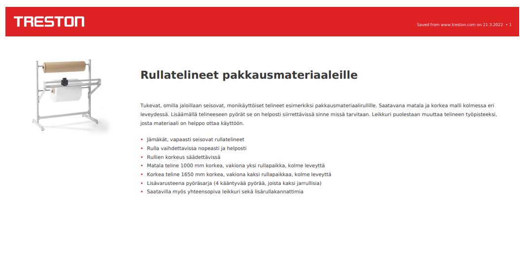 Rullatelineet pakkausmateriaaleille tuotekortti