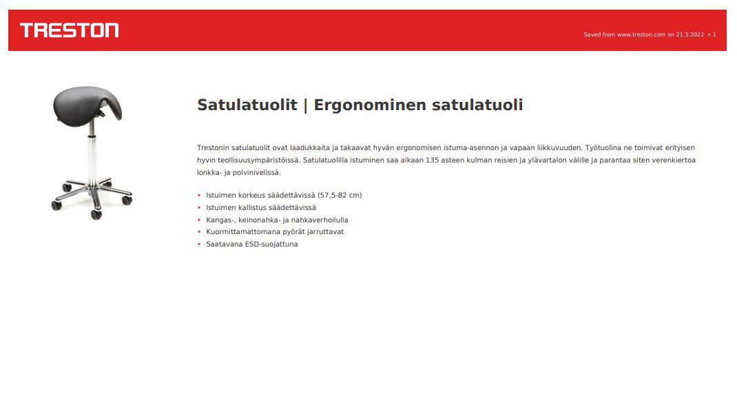 Satulatuolit | Ergonominen satulatuoli tuotekortti