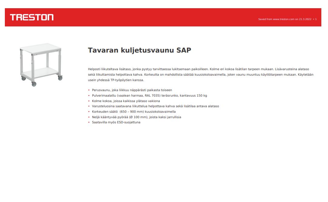 Tavaran kuljetusvaunu SAP TUOTEKORTTI