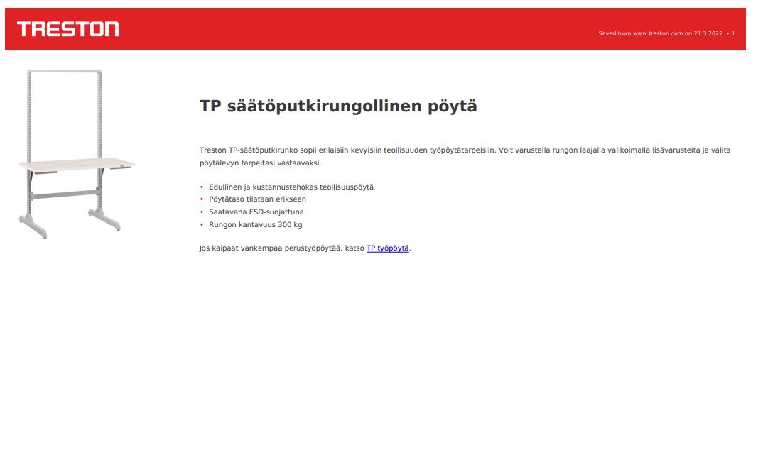 TP säätöputkirungollinen pöytä tuotekortti