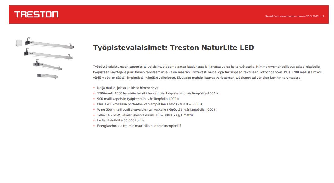 Työpistevalaisimet: Treston NaturLite LED tuotekortti