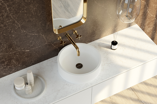 Uusi pyöreän muotoinen Silestone-lavuaari kylpyhuoneisiin